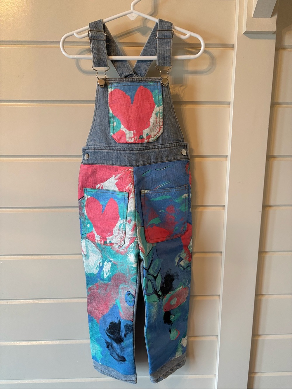 Paint-Splatter 3T Denim Overalls Bibs w/ Pink Heart Flower Accents